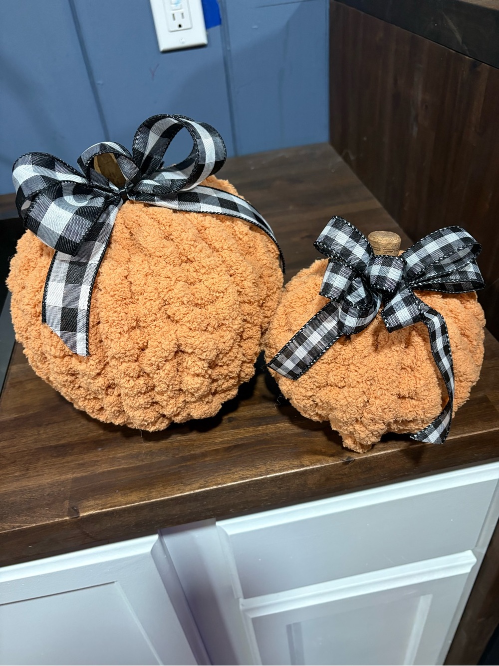 Plush Fall Pumpkins with Black Gingham Bows - Orange. One small and one medium